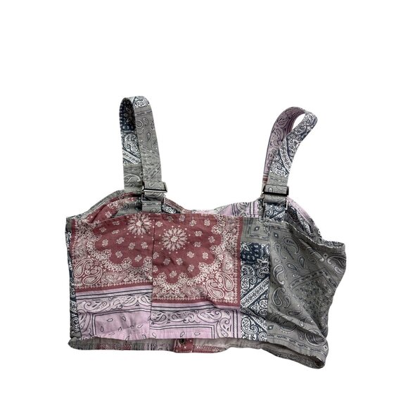 BaeVely Womens Patchwork Bandana Print Crop Top Size S Snap Front Boho Retro - Picture 4 of 7